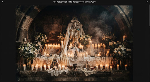 High altar of Santa Muerte Blanca with white lace, votive candles, and lilies